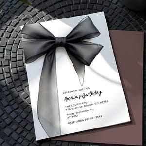 Elegante bearbeitbare schwarze Geburtstagseinladung Minimalistische Kokette Geburtstagsfeier laden schwarzes Band ein Druckbare Vorlage für 30.40.50