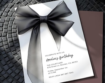 Élégante invitation d'anniversaire modifiable avec un noeud noir pour une fête d'anniversaire coquette minimaliste, inviter un ruban noir modèle imprimable pour les 30, 40, 50