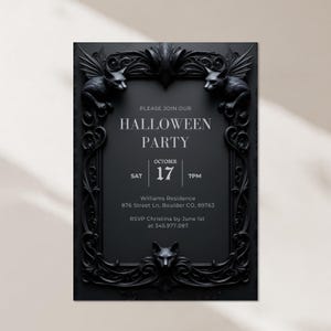 Elegant Gothic Halloween Party Invitation: Black & Spooky (Editable Canva Template)