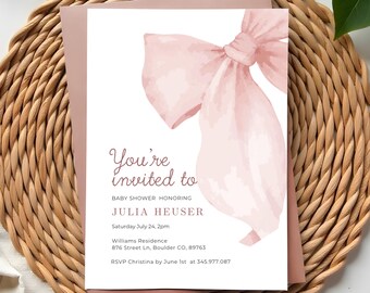 Blush Pink Bow Baby Shower Invitation Template Editable Moddern Baby Girl Shower Invite Elegant Pink Baby Shower Invitation Instant Download