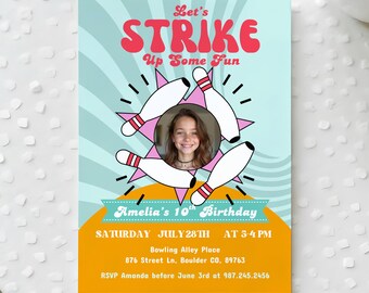 Retro Bowling Birthday Invitation Template: Editable Photo Party Invite (Digital Download)
