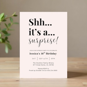 Blush Surprise Party Invitation Template: Minimalist Birthday Invite (Digital Download)