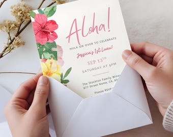 May include: A pink and white invitation with a floral design featuring hibiscus flowers and green leaves. The invitation reads "Aloha! Hula on over to celebrate Jessica's 1st Luau! Sep 13th Saturday at 5PM The Stockton Family Wine 877 Street Name, CA, 891 Please RSVP"