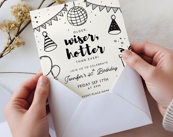 Plantilla de invitación divertida para fiesta de cumpleaños: Más viejo, más sabio, más atractivo (Descarga digital, plantilla de tarjeta de 13 x 18 cm)