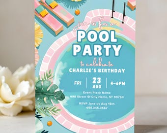 Retro Pool Party Invitation Template: Editable Birthday Invite (Digital Download)