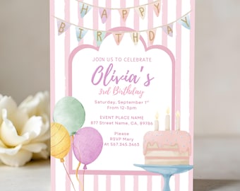 Sjabloon roze streep verjaardagsuitnodiging: vintage pastel feestuitnodiging (5 x 7 digitale download)