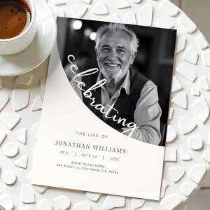 Modèle d'invitation pour les funérailles minimales avec photo Faire-part de cérémonie funéraire modifiable carte commémorative imprimable faire-part de décès Evite unique