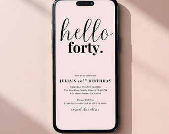 Blush Birthday Invitation Template: Hello Forty, Minimalist Design (Digital Download)