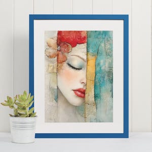 Decorazione murale floreale Modern Muse, stampe artistiche rosse e verde acqua, arte femminile con fiori verde acqua, donna contemporanea e papavero rosso, poster di Sorprendenti Labbra Serene