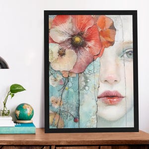 Stampe d'arte rosse e verde acqua, decorazioni da parete floreali Modern Muse, stampe femminili con fiori verde acqua, stampe contemporanee di donne con papaveri rossi, poster di labbra sorprendenti e serene