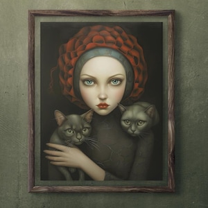 Lámina artística de una gatita gótica, póster de una gatita oscura y caprichosa, arte mural de una gatita guardiana con un encanto misterioso, un compañero místico y sombrío y gatos negros.