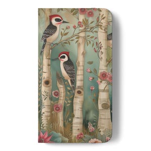 Capa para celular com estampa de flores silvestres e pássaros da floresta, capa carteira funcional Woodpecker Cottagecore, compatível com vários modelos de iPhone e Samsung