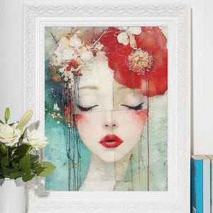 Mujer contemporánea y amapola roja, arte femenino con flores verde azulado, decoración floral de pared de musa moderna, láminas artísticas en rojo y verde azulado, pósteres de labios serenos impactantes