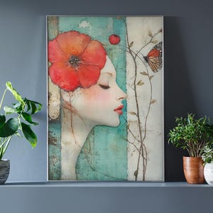 Pósteres de labios serenos, mujer contemporánea y amapola roja, arte femenino con flores verde azulado, decoración de pared floral de musa moderna, láminas artísticas en rojo y verde azulado