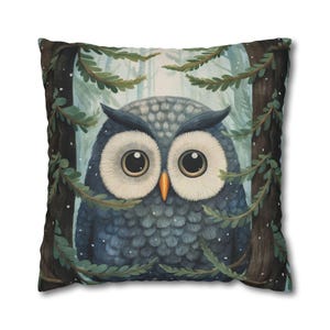 Funda de almohada de búho caprichosa, regalo acogedor para habitación infantil, linda funda de cojín de búho azul, funda de almohada con temática de bosque, regalo para amantes de las aves y la naturaleza.