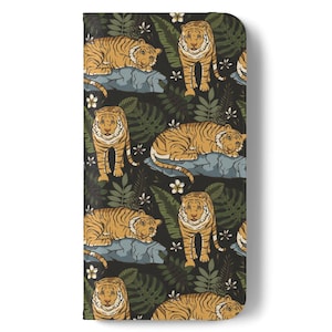Funda tipo libro con diseño de tigre tropical, adorable funda tipo cartera con diseño de animal, ideal como regalo, compatible con varios modelos de iPhone y Samsung.