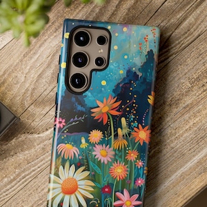 花柄スマホケース、ナイトガーデンワイルドフラワー柄タフスマホケース、ダークボタニカルコテージコアデザイン、iPhone・Samsung各種機種対応
