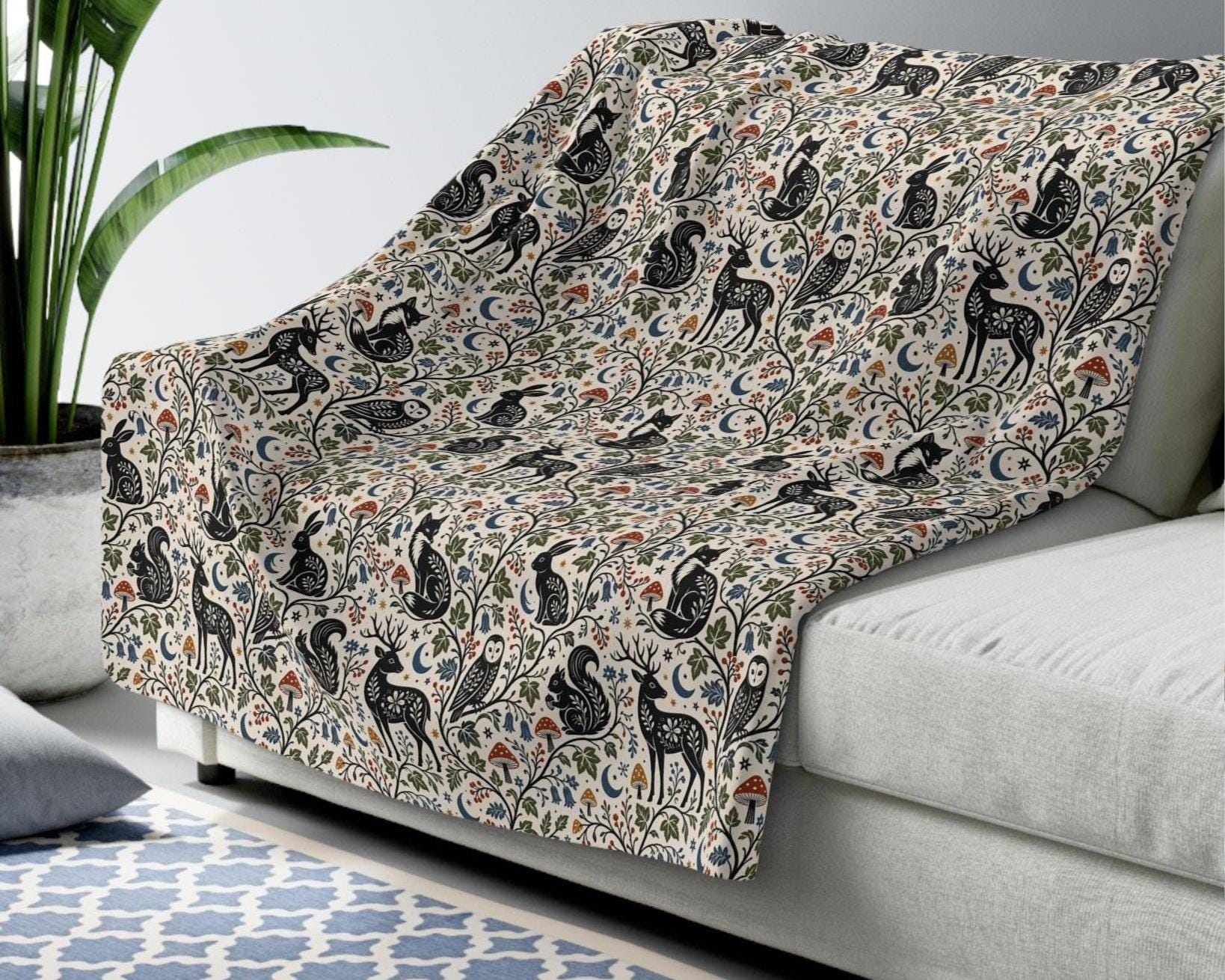 Woodland Animals Blanket, Cottagecore Forest Throw, Owl Deer Rabbit Decor, Mushroom Botanical Home,