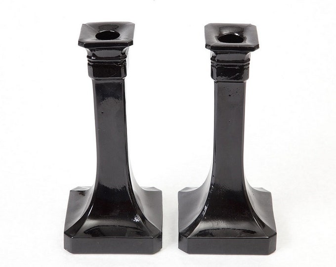 Two Vintage Black Glass Candle Holders Etsy