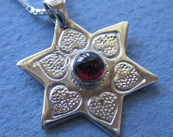 Jewish Star Necklace, sterling silver with hearts and Garnet  #handmade by Ruth Shapiro