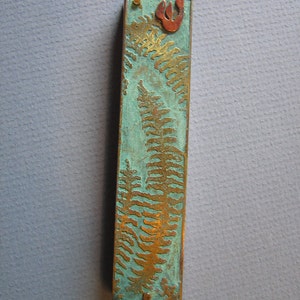 Fern Mezuzah in copper and brass with Green Patina