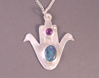 Sterling Silver Dove Hamsa Necklace with Stones