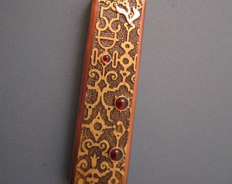 Moroccan Style Jewish Mezuzah in Copper, Brass and Silver with Garnets