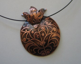 Etched Copper Pomegranate Pendant on Neck Ring