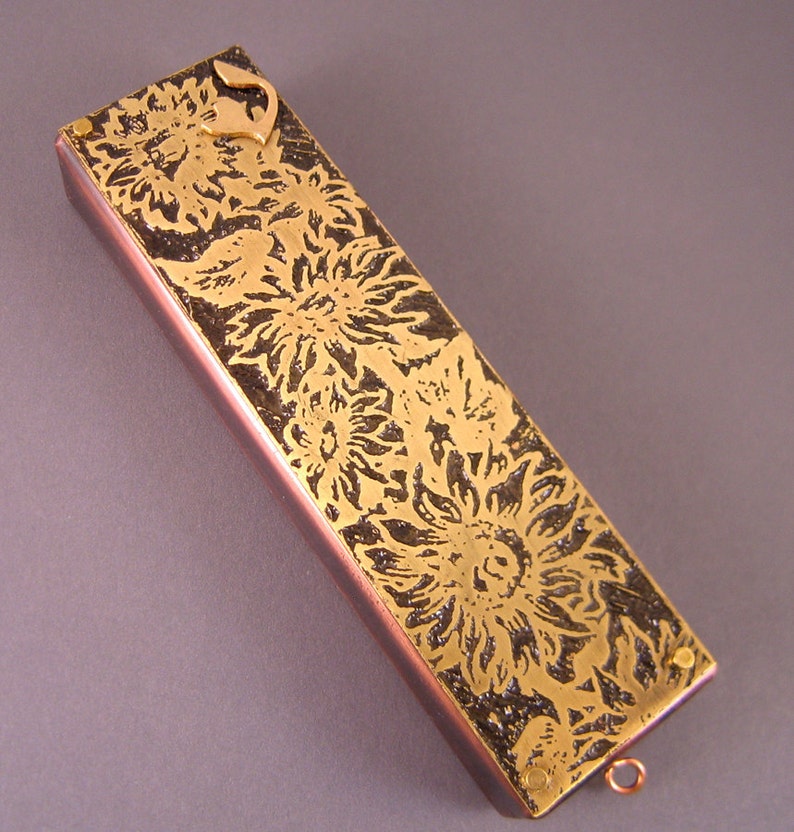 Copper and Brass Mezuzah with Sunflowers, Handmade by Ruth Shapiro image 1