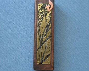 Mezuzah in Etched Brass and Copper, Tree of Life