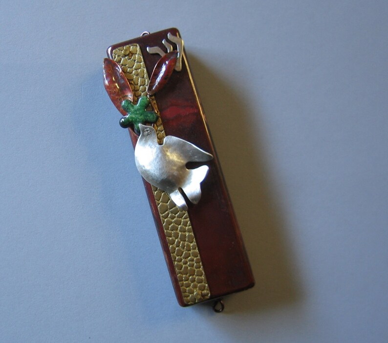 Jewish Mezuzah with Silver Peace Dove and Enameling image 1
