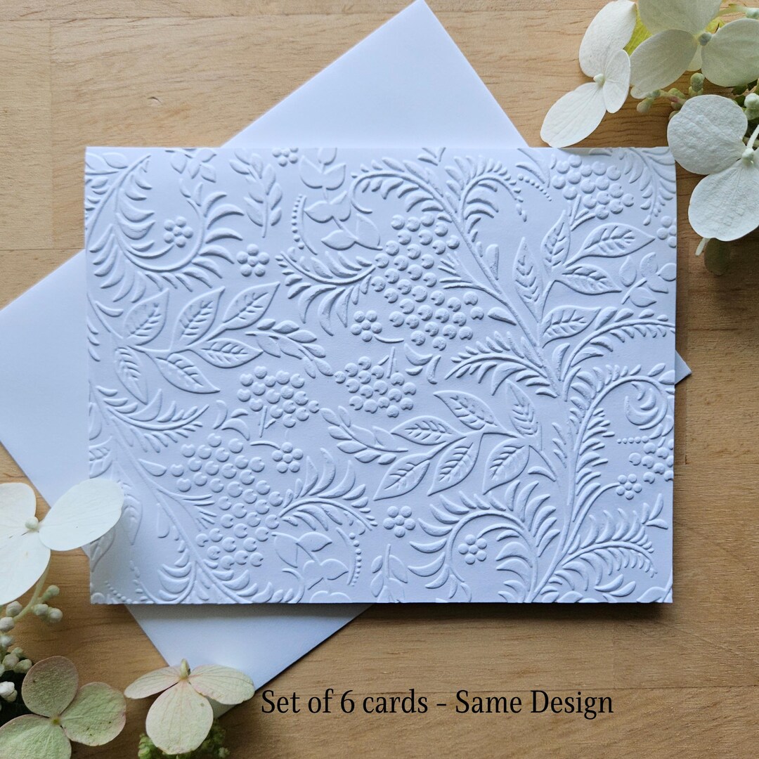 6 White Embossed Floral Cards - Botanical Note Cards - Embossed ...