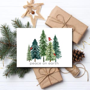 Handmade Christmas Cards Set of 10: Watercolor Pine Trees & Cardinals “Peace on Earth” Holiday Cards on Matte Cardstock