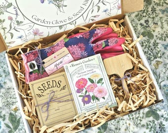 Garden Gift Box: Gardening Gloves and Zinnia Seed Kit | Gardening Gift Set, Flower Growing Gift Set, Gift for Mom