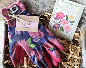 Garden Gift Kit with Gloves & Zinnia Seeds: Beginner Flower Growing Gift Box for Mom or Birthday