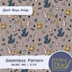 Dog and Cat Seamless Patterns PNG, Pet illustration Digital Paper, Grey, Limited Commercial Use