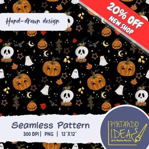 Puede incluir: Un patrón digital sin costuras sobre fondo negro con ilustraciones dibujadas a mano de calabazas naranjas, calaveras blancas, fantasmas, murciélagos, estrellas, lunas crecientes y dulces. El texto incluye Hand-drawn design, 20% OFF NEW SHOP, Seamless Pattern, 300 DPI, PNG, 30,48cm x 30,48cm y PINTANDO IDEAS.