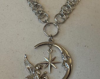 Silver Toned Moon, Star, and Fairy Necklace