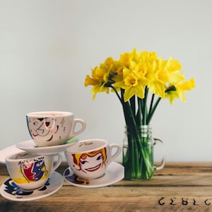 Vintage Set of 3 &#39;Free Time Faces&#39; Teacups & Saucers - Retro Ceramic Teacup Set