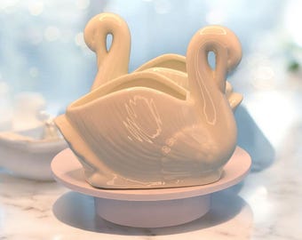 Mid-Century Swan Porcelain Planter & Trinket Dish Set, Shabby Chic Decor