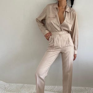 90s Silk Trouser Pants: High Waisted Pleated Champagne Beige, Size XS