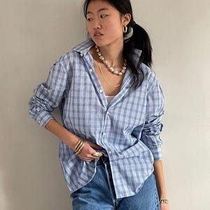 Vintage 90s Perry Ellis Plaid Shirt: Ice Blue Cotton Boyfriend Fit