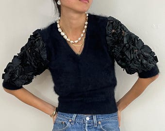 Vintage 90er Jahre Angora Puffärmel Schwarzer Flauschiger Pullover