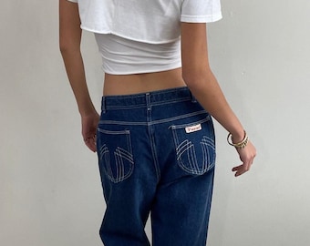 Jeans vintage anni '80 a gamba larga e vita alta, lavaggio scuro, taglia 30x28