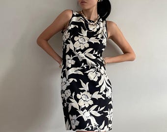 Vintage 90s Silk Floral Sleeveless Shift Dress Small