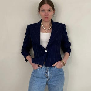 Vintage 80s Ralph Lauren Wool Blazer: Cropped Pinstripe, Made in USA