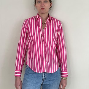 Vintage Ralph Lauren Striped Cotton Blouse: Hot Pink Pinstripe, Petite Small