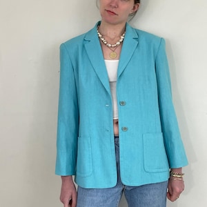 vintage 90s 100% Silk Turquoise Lightweight Raw Silk Blazer Petite Medium