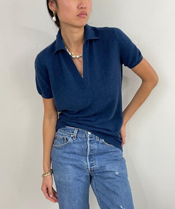 Paul Stuart, Vintage 90s Paul Stuart Cashmere Collared Short Sleeve Italian 100% Cashmere Sweater