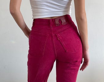 Vintage 80s Levis 501 High Waisted Petite Fit Red Jeans USA 25x26